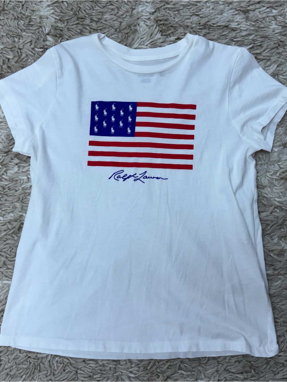 Polo by Ralph Lauren White Tee with Red & Blue Polo Flag size small.